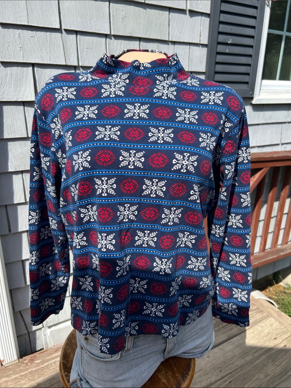 Navy Turtleneck Sweater with Red & White Nordic Motif- snowflakes - relaxed fit